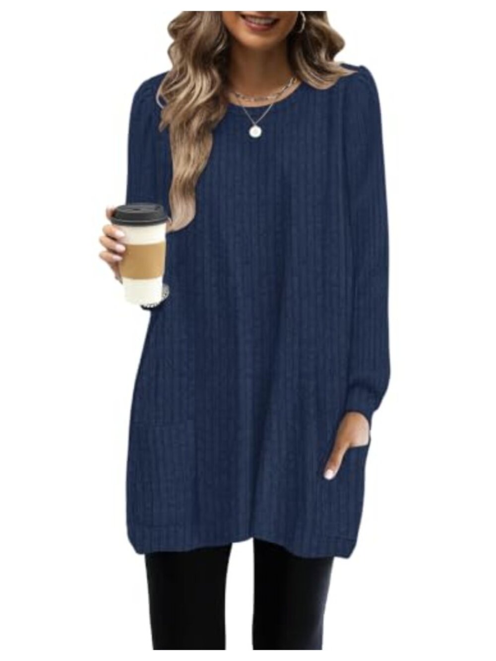 Women's Long Sleeve Tunic Sweater Dress with Pockets Lightweight Cozy Striped